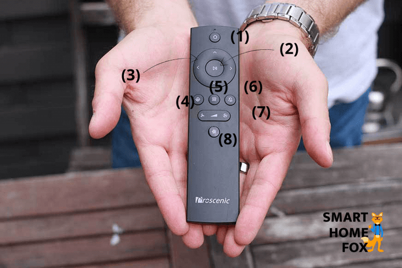 Die Infrarotfernbedienung des Proscenic M8 PRO wird in der Hand gehalten